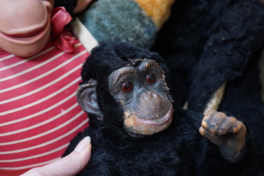 A Farnell’s Alpha Toys monkey, seven other soft toy monkeys and a soft toy rabbit, Farnell 36cm. Condition varies